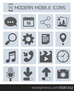 Mobile phone modern applications microphone mail video clock icons set isolated vector illustration