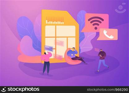 Mobile phone network, smartphone plastic card microchip, wireless cellphone communication concept. Vector isolated concept illustration with tiny people and floral elements. Hero image for website.. Mobile phones card concept vector illustration.