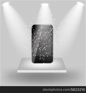 Mobile phone on white shelve on light grey background. Vector illustration