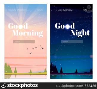 Mobile phone onboard screens, good night and good morning pages with nature landscape, date and temperature, search browser, vidget background, application template. Cartoon user interface design. Mobile phone onboard screens, good night, morning