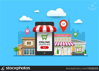 Mobile phone online shopping sale with building landmark concept design background, vector illustration
