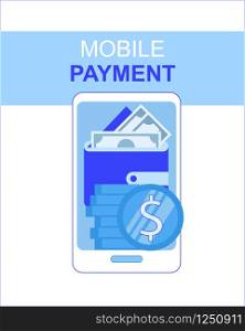 Mobile Phone Payment App with Money Wallet Screen Vector Illustration. Online Banking Smartphone Application Wireless Transfer Contactless Transaction Internet Shopping Technology Ecommerce. Mobile Phone Payment App with Money Wallet Screen