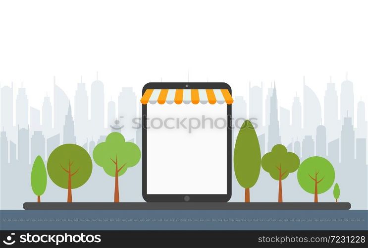Mobile phone represent of front of shop store.Shopping Online on Website or Mobile Application Concept Marketing and Digital marketing.