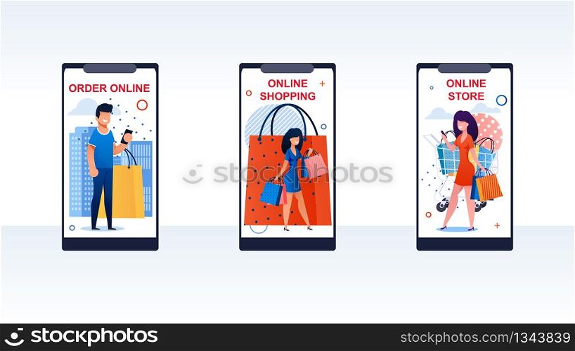 Mobile Phone Screens with Diferrent People Buying Things Flat Cartoon Banner Vector Illustration. Order Online, Online Shopping or Store. Man and Woman Characters with Big Paper Bags.