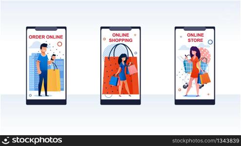 Mobile Phone Screens with Diferrent People Buying Things Flat Cartoon Banner Vector Illustration. Order Online, Online Shopping or Store. Man and Woman Characters with Big Paper Bags.