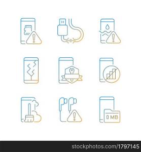 Mobile phone technical issues gradient linear vector icons set. Broken smartphone problems. Damaged devices. Thin line contour symbols bundle. Isolated vector outline illustrations collection. Mobile phone technical issues gradient linear vector icons set