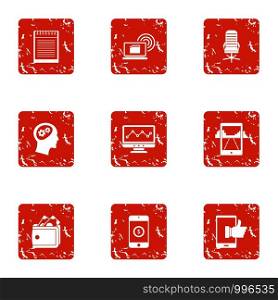 Mobile phone technology icons set. Grunge set of 9 mobile phone technology vector icons for web isolated on white background. Mobile phone technology icons set, grunge style