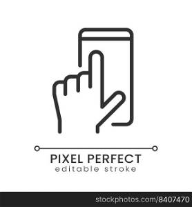 Mobile phone using pixel perfect linear icon. Communication technology. Application interface. Thin line illustration. Contour symbol. Vector outline drawing. Editable stroke. Poppins font used. Mobile phone using pixel perfect linear icon