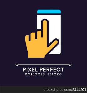 Mobile phone using pixel perfect RGB color icon for dark theme. Communication technology. App interface. Simple filled line drawing on night mode background. Editable stroke. Poppins font used. Mobile phone using pixel perfect RGB color icon for dark theme
