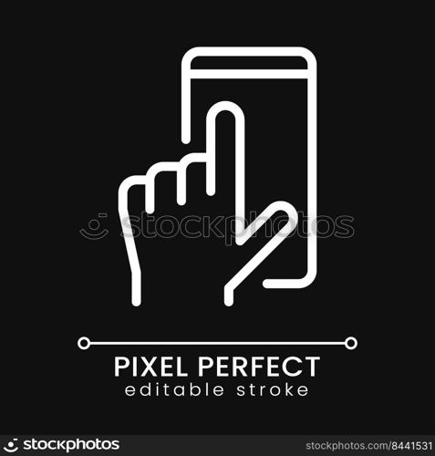 Mobile phone using pixel perfect white linear icon for dark theme. Communication technology. App interface. Thin line illustration. Isolated symbol for night mode. Editable stroke. Poppins font used. Mobile phone using pixel perfect white linear icon for dark theme