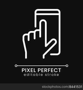 Mobile phone using pixel perfect white linear icon for dark theme. Communication technology. App interface. Thin line illustration. Isolated symbol for night mode. Editable stroke. Poppins font used. Mobile phone using pixel perfect white linear icon for dark theme