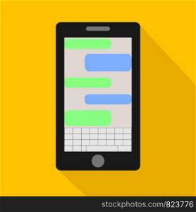 Mobile phone. Vector illustration. Social network concept. Vector. Messenger window. Chating and messaging concept. Green chat boxes. Realistic smartphone with green chat boxes.