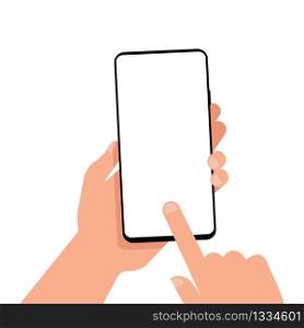Mobile phone with a blank screen in hand. Mockup. EPS 10