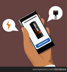Mobile phone with battery on screen in human hand. Charge symbols in speech bubble thunderstorm icon and  harger connector. Vector illustration of connective communication device in flat style design. Mobile Phone with Battery on Screen in Hand
