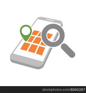 mobile phone with geo map marking and magnifying glass as gps location searching symbol abstract vector illustration isolated on white