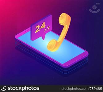 Mobile phone with handset and customer service available 24 7. Mobile customer service, 24 7 customer support, mobile self-service concept. Ultraviolet neon vector isometric 3D illustration.. Mobile customer service isometric 3D concept illustration.