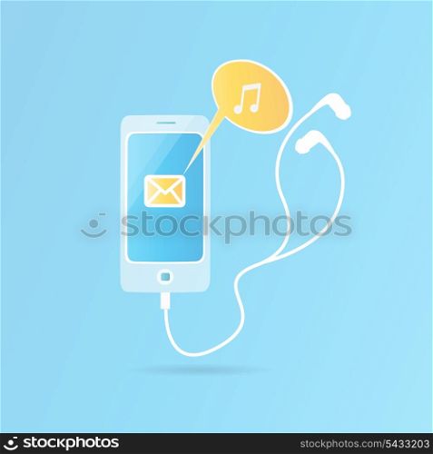 Mobile phone with headphones and with messages on the display