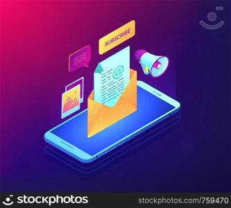 Mobile phone with megaphone and new subscription email received. Email marketing, email newsletter service, new personal message concept. Ultraviolet neon vector isometric 3D illustration.. Email marketing isometric 3D concept illustration.