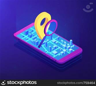 Mobile phone with navigation pin on city map app and magnifier. Mobile tracking soft, navigation mobile app, gps tracking application concept. Ultraviolet neon vector isometric 3D illustration.. Mobile tracking soft isometric 3D concept illustration.