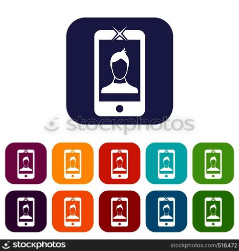 Mobile phone with photo icons set vector illustration in flat style in colors red, blue, green, and other. Mobile phone with photo icons set