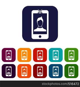 Mobile phone with photo icons set vector illustration in flat style in colors red, blue, green, and other. Mobile phone with photo icons set