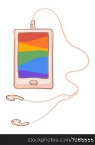 Mobile phone with screen picture of rainbow and headphones for listening music. Isolated smartphone device with positive wallpaper, bohemian or hippie picture and design. Vector in flat style. Smartphone with headphones and rainbow screen