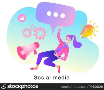 Mobile phone, woman with megaphone on screen. social media or network promotion. influencer marketing concept - blogger promotion services and goods for his followers online. Flat vector illustration.