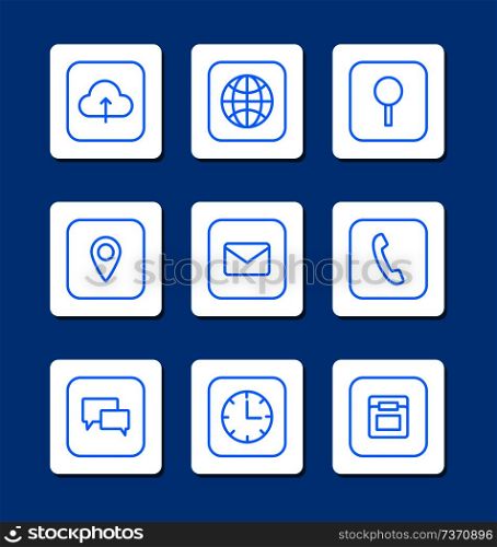Mobile phones icons collection cloud storage global internet magnifying glass search image, location and messages menu isolated on vector illustration. Mobile Phones Icons Collection Vector Illustration