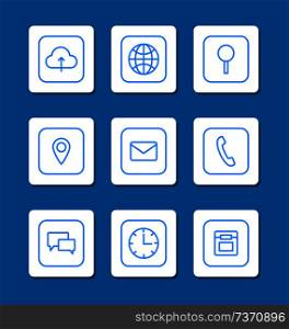 Mobile phones icons collection cloud storage global internet magnifying glass search image, location and messages menu isolated on vector illustration. Mobile Phones Icons Collection Vector Illustration