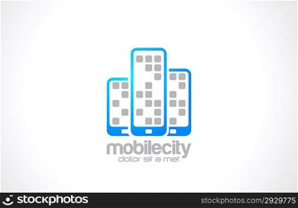 Mobile phones vector logo design template. Mobile city business concept. Touchphones are shown as skyscrapers. Creative idea. Technology icon.
