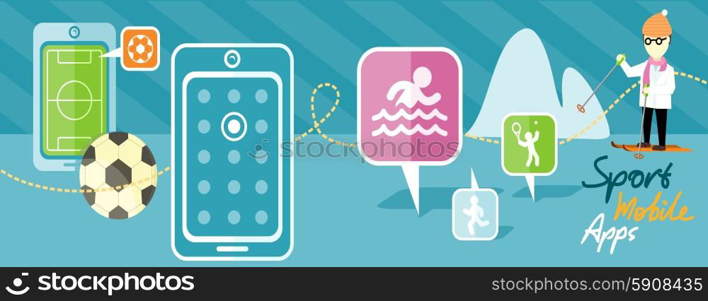 Mobile phones with football soccer ball and field on the screen. Sport mobile apps concept. Sports theme and applications icons with man on skis. Sports theme and applications