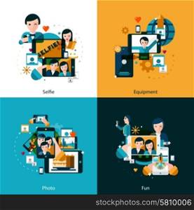 Mobile photo concept icons set. Mobile photo concept with selfie equipment and fun icons set flat isolated vector illustration