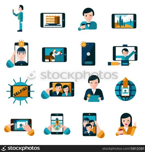 Mobile photo icons set . Mobile photo and selfie with smartphone icons set flat isolated vector illustration