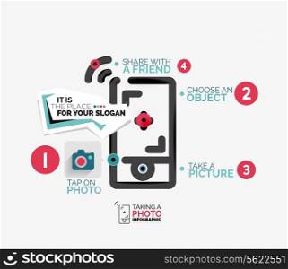 Mobile photo shooting - vector illustration of line flat concept - workflow layout, diagram, number options
