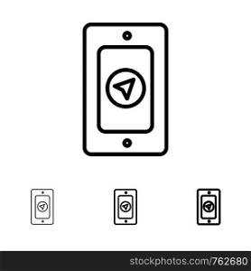 Mobile, Pin, Rainy Bold and thin black line icon set