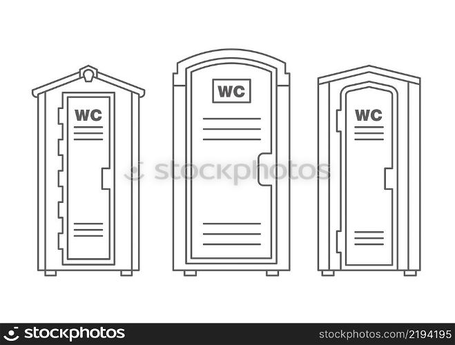 Mobile portable bio toilet outline icons set. Front view. Blue plastic closet WC. Vector illustration.. Mobile portable bio toilet outline icons set. Front view. Blue plastic closet WC. Vector illustration