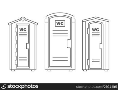 Mobile portable bio toilet outline icons set. Front view. Blue plastic closet WC. Vector illustration.. Mobile portable bio toilet outline icons set. Front view. Blue plastic closet WC. Vector illustration