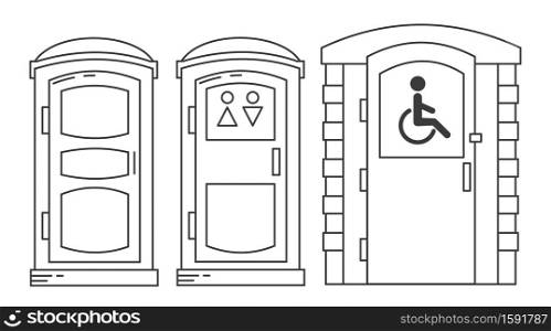 Mobile portable bio toilet. Toilet for disabled people. Set of outline icon. Front view. Blue plastic closet WC. Vector iIllustration isolated on white background.. Mobile portable bio toilet. Toilet for disabled people. Set of outline icon. Front view. Blue plastic closet WC. Vector iIllustration