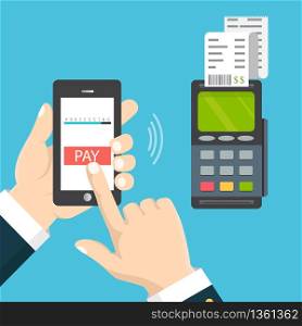 Mobile pos payment concept. Hand holding a phone. Smartphone wireless money transfer to pos terminal. Flat design. Vector illustration. Hand holding a phone. Smartphone wireless money transfer to pos terminal. Vector
