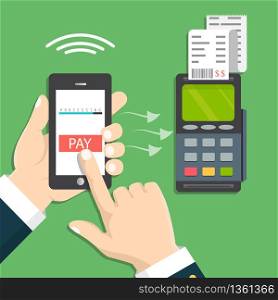 Mobile pos payment concept. Hand holding a phone. Smartphone wireless money transfer to pos terminal. Flat design. Vector illustration. Hand holding a phone. Smartphone wireless money transfer to pos terminal. Vector