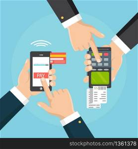 Mobile pos payment concept. Hand holding a phone. Smartphone wireless money transfer to pos terminal. Flat design. Vector illustration