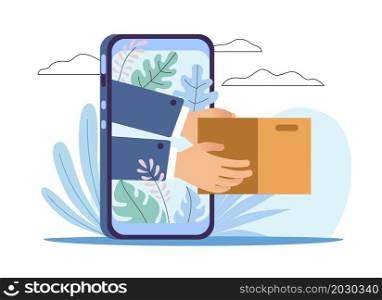 Mobile prompt delivery. Phone screen and hands giving parcel to customer. Smartphone online application for shopping and making orders. Cardboard box express delivering. Internet store. Vector concept. Mobile prompt delivery. Phone screen and hands giving parcel to customer. Smartphone application for shopping and making orders. Box express delivering. Internet store. Vector concept