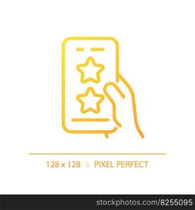 Mobile rating pixel perfect gradient linear vector icon. Evaluating cellphone application. Digital product ranking. Thin line color symbol. Modern style pictogram. Vector isolated outline drawing. Mobile rating pixel perfect gradient linear vector icon