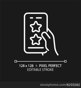 Mobile rating pixel perfect white linear icon for dark theme. Evaluating cellphone application. Digital product ranking. Thin line illustration. Isolated symbol for night mode. Editable stroke. Mobile rating pixel perfect white linear icon for dark theme