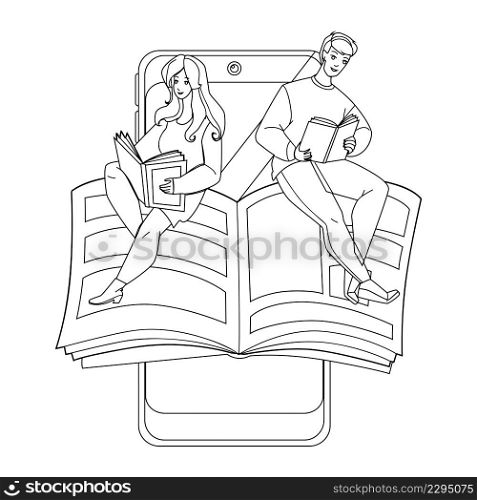 mobile reading phone. online app. Black Line Pencil Drawing Vector. smartphone reading internet media library character web Illustration. mobile reading vector