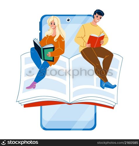 mobile reading phone. online app. smartphone reading internet media library character web flat cartoon illustration. mobile reading vector