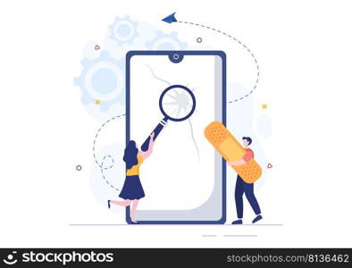 Mobile Repair of a Telephone or Smartphone Electronics Service with Broken Screen and Machine Breakdown in Flat Cartoon Illustration