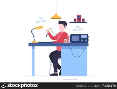 Mobile Repair of a Telephone or Smartphone Electronics Service with Broken Screen and Machine Breakdown in Flat Cartoon Illustration