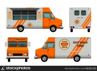 Mobile restaurant identity. Business tools of corporate style for fast catering kitchen and fast food truck vector logo blank templates. Illustration of food catering truck, restaurant vehicle. Mobile restaurant identity. Business tools of corporate style for fast catering kitchen and fast food truck vector logo blank templates