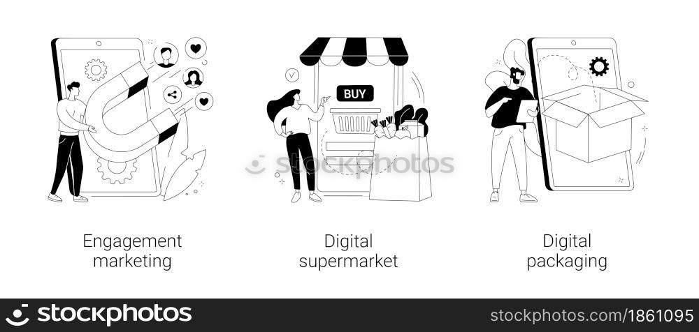 Mobile retail shopping abstract concept vector illustration set. Engagement marketing, digital supermarket and packaging, online commerce, smm strategy, online payment, AR labels abstract metaphor.. Mobile retail shopping abstract concept vector illustrations.